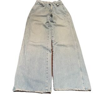 AMO Denim Frida High Rise Wide Leg Jeans 24 Light Wash Raw Hem Slouchy 90s Rigid